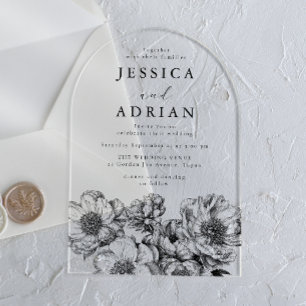 Invitaciones Acrílicas Boda de arte de línea de peonía clásica en blanco 