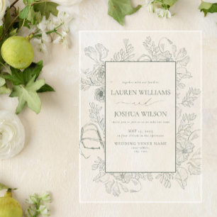 Invitaciones Acrílicas Boda de arte de línea floral verde elegante