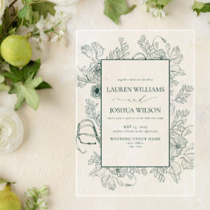 Invitaciones Acrílicas Boda de Arte de Línea Floral Verde Esmeralda Elega