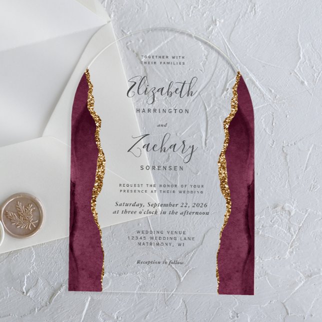 Invitaciones Acrílicas Boda de arte moderno de oro de Borgoña (Subido por el creador)