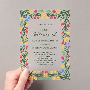 Invitaciones Acrílicas Boda de Arte Popular con Flores Silvestres Colorid
