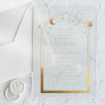 Invitaciones Acrílicas Boda de Astronomía Celestial Gold Sun Moon<br><div class="desc">El Boda de Astronomía Celestial Gold Sun Moon Astronomy Acrylic Invitation presenta sol dorado,  luna y estrellas con un marco dorado sobre un fondo acrílico opaco. Adentro está tu información de invitación de boda personalizada. Personalice editando el texto en los cuadros de texto. Diseñado por Evco Studio www.zazzle.com/store/evcostudio</div>