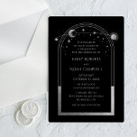 Invitaciones Acrílicas Boda de Astronomía de la Luna de Sol Celestial<br><div class="desc">Las invitaciones acrílicas del Boda de astronomía de la luna del Sol Negro Celestial de Plata Negra, presentan sol de plata, luna y estrellas con un marco plateado sobre un fondo acrílico negro. Adentro está tu información de invitación de boda personalizada. Personalice editando el texto en los cuadros de texto....</div>