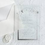 Invitaciones Acrílicas Boda de Astronomía de la Luna de Sol Celestial<br><div class="desc">Boda de Astronomía Celestial Silver Sun Moon Astronómico Las invitaciones acrílicas cuentan con sol plateado,  luna y estrellas con un marco plateado sobre un fondo acrílico opaco. Adentro está tu información de invitación de boda personalizada. Personalice editando el texto en los cuadros de texto. Diseñado por Evco Studio www.zazzle.com/store/evcostudio</div>