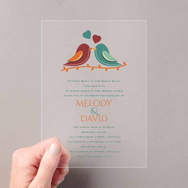 Invitaciones Acrílicas Boda de Aves de Amor (Insitu (portátil))