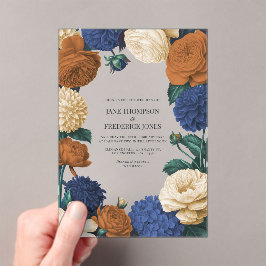 Invitaciones Acrílicas Boda de Azul Marino, Naranja Quemado y Champán