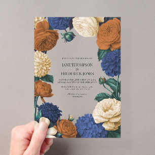 Invitaciones Acrílicas Boda de Azul Marino, Naranja Quemado y Champán