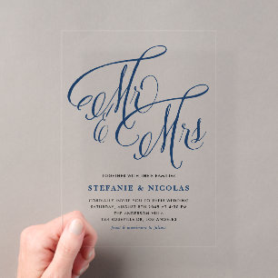 Invitaciones Acrílicas Boda de Azul Marino Sr. y Sra. Caligrafía Rústica