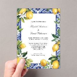 Invitaciones Acrílicas Boda de Azulejo Mediterráneo Limón Amarillo Azul