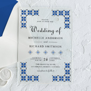 Invitaciones Acrílicas Boda de Bordado Ucraniano Azul y Negro