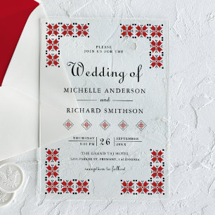 Invitaciones Acrílicas Boda de Bordado Ucraniano Rojo y Negro