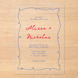 Invitaciones Acrílicas Boda de borde caprichoso de mano roja y azul