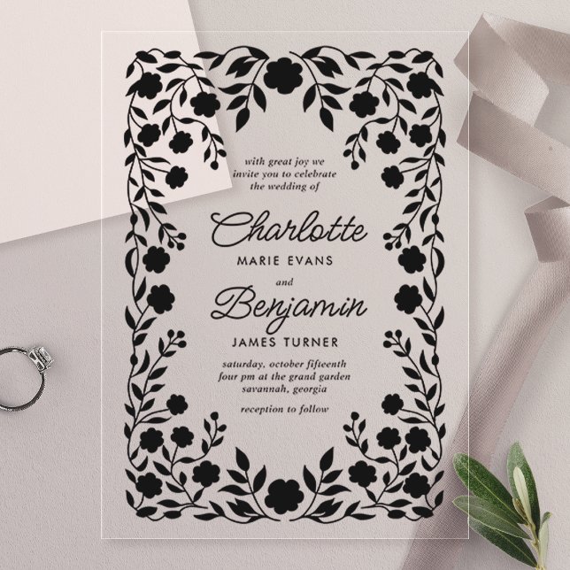 Invitaciones Acrílicas Boda de borde floral de origen negro (Subido por el creador)
