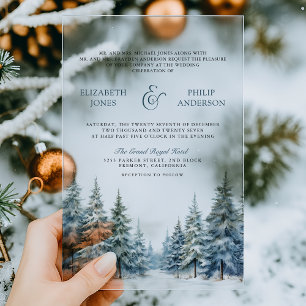 Invitaciones Acrílicas Boda de bosque de pino con nieve de invierno