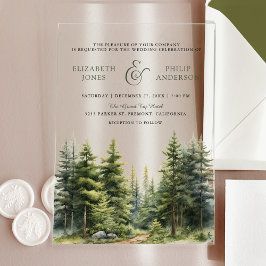 Invitaciones Acrílicas Boda de bosque de pinos invernales rústicos