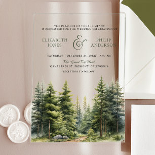 Invitaciones Acrílicas Boda de bosque de pinos invernales rústicos