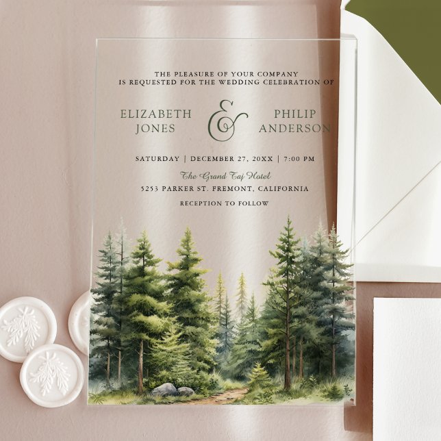 Invitaciones Acrílicas Boda de bosque de pinos invernales rústicos (Subido por el creador)