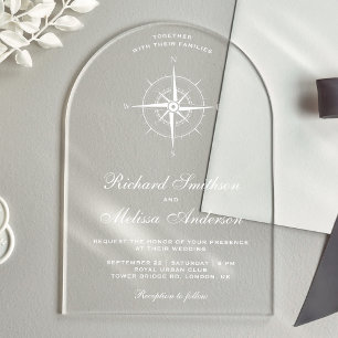 Invitaciones Acrílicas Boda de brújula náutica blanca elegante
