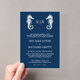 Invitaciones Acrílicas Boda de caballito de mar náutico azul oscuro
