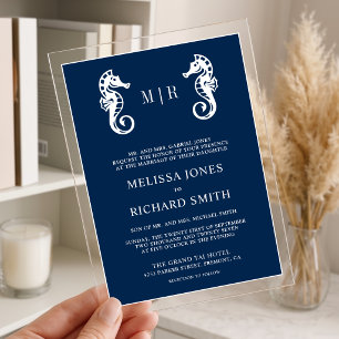 Invitaciones Acrílicas Boda de caballito de mar náutico azul oscuro