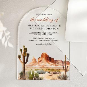 Invitaciones Acrílicas Boda de Cactus de Montaña del Desierto en Acuarela