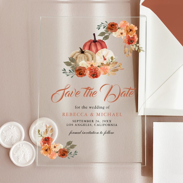 Invitaciones Acrílicas Boda de calabaza de terracota Guardar la fecha (Subido por el creador)