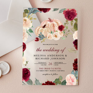 Invitaciones Acrílicas Boda de calabaza floral borgoña y melocotón