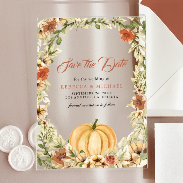 Invitaciones Acrílicas Boda de calabaza floral de otoño salva la fecha (Subido por el creador)