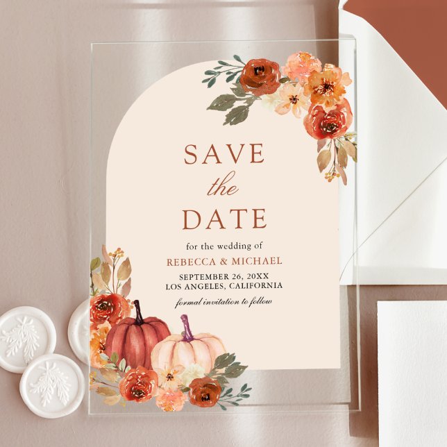 Invitaciones Acrílicas Boda de calabaza floral de Terracotta Guardar la f (Subido por el creador)