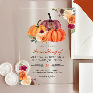 Invitaciones Acrílicas Boda de Calabaza Floral en Naranja Quemado y Burde