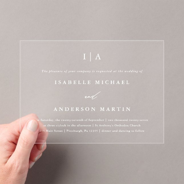 Invitaciones Acrílicas Boda de caligrafía clásica de monograma blanco (Insitu (portátil))