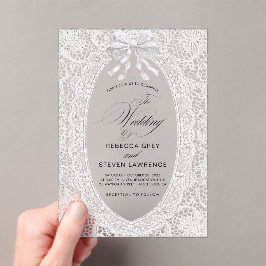 Invitaciones Acrílicas Boda de caligrafía con lazo de encaje falso blanco