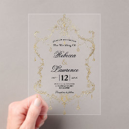 Invitaciones Acrílicas Boda de caligrafía con marco de oro falso chic