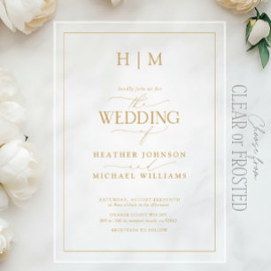 Invitaciones Acrílicas Boda de Caligrafía de Monograma Formal Dorado Eleg