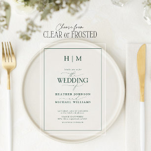 Invitaciones Acrílicas Boda de caligrafía de monograma verde esmeralda fo