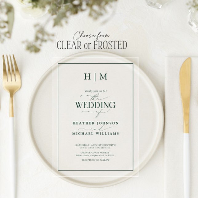 Invitaciones Acrílicas Boda de caligrafía de monograma verde esmeralda fo (Subido por el creador)