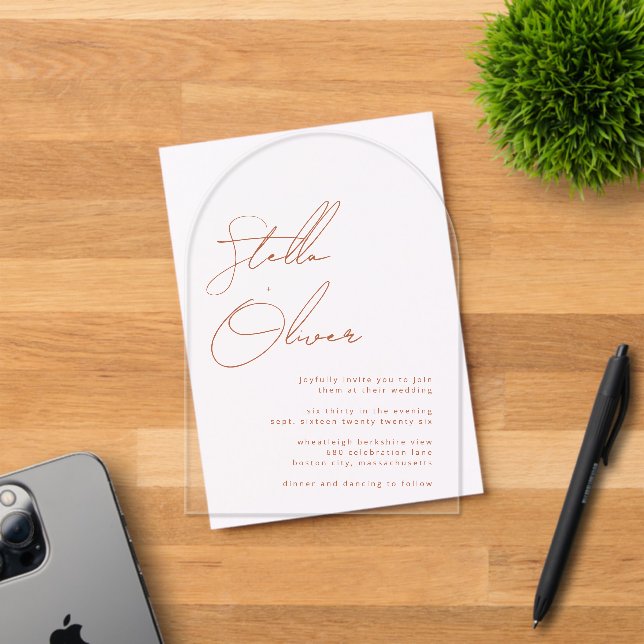 Invitaciones Acrílicas Boda de caligrafía de terracota rústica moderna (Insitu (Tarjeta de Invitación))