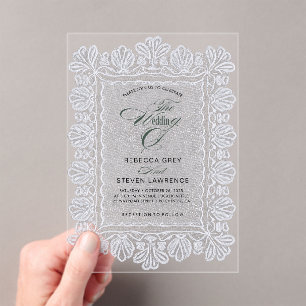 Invitaciones Acrílicas Boda de caligrafía en encaje blanco chic
