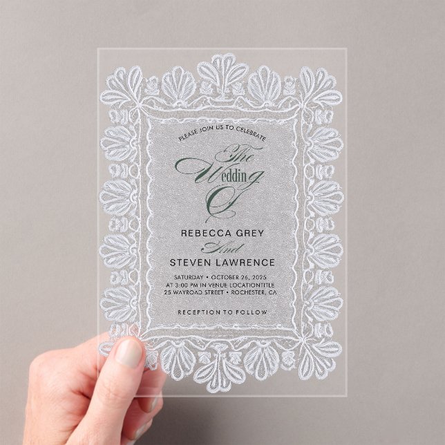 Invitaciones Acrílicas Boda de caligrafía en encaje blanco chic (Insitu (portátil))