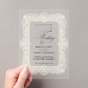 Invitaciones Acrílicas Boda de caligrafía en encaje blanco elegante