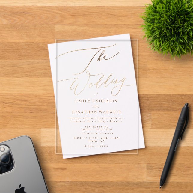 Invitaciones Acrílicas Boda de Caligrafía Moderna Simple de Oro (Insitu (Tarjeta de Invitación))