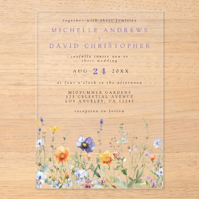 Invitaciones Acrílicas Boda de campo de flores silvestres (Anverso)