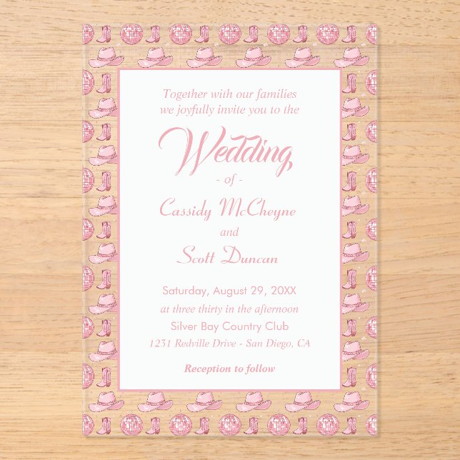 Invitaciones Acrílicas Boda de campo de vaca rosa dulce (Anverso)