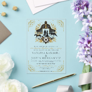 Invitaciones Acrílicas Boda de campo negra y dorada