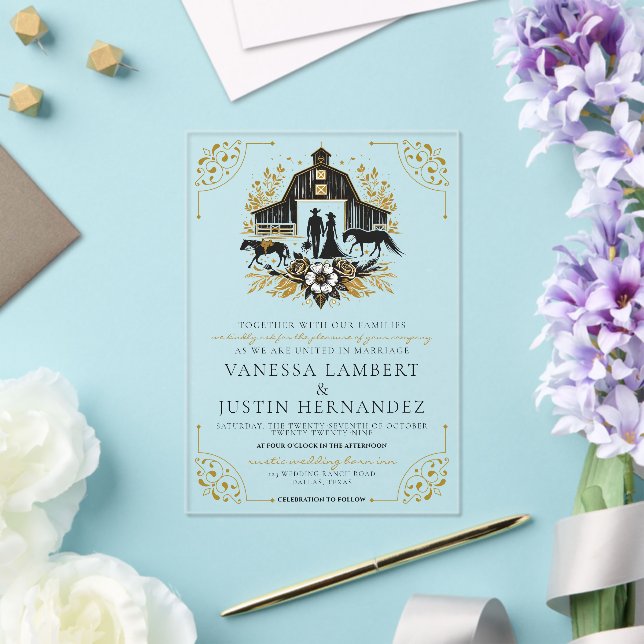 Invitaciones Acrílicas Boda de campo negra y dorada (Insitu (Boda))