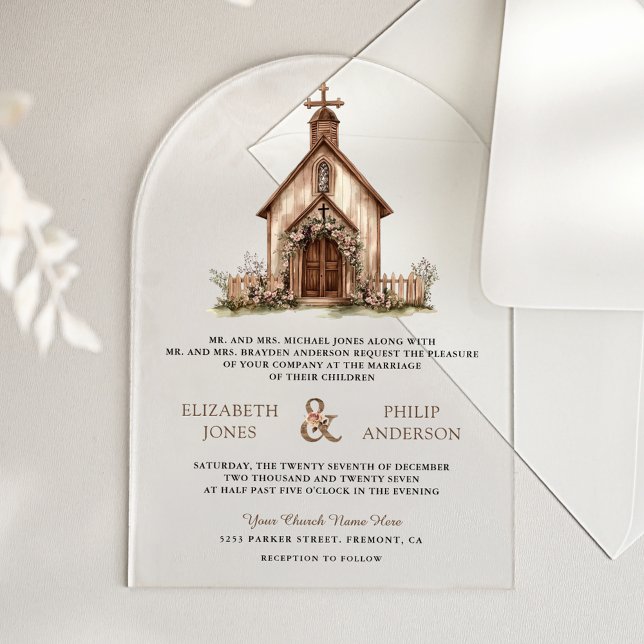 Invitaciones Acrílicas Boda de Capilla Western de Madera Rústica (Subido por el creador)