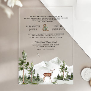 Invitaciones Acrílicas Boda de ciervo en el bosque de montaña acuarela