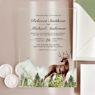 Invitaciones Acrílicas Boda de ciervo en el bosque de montaña con acuarel
