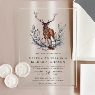 Invitaciones Acrílicas Boda de ciervos en bosque rústico con acuarela