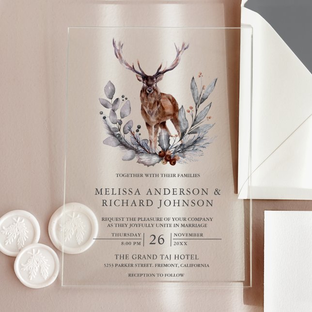 Invitaciones Acrílicas Boda de ciervos en bosque rústico con acuarela (Subido por el creador)